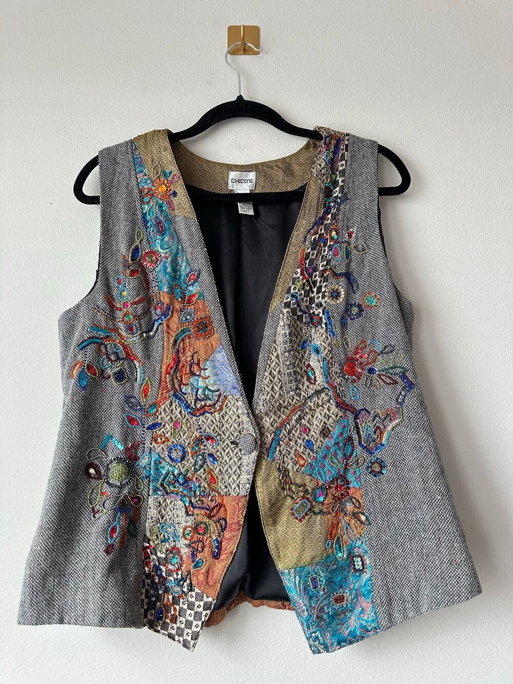 Vintage 90s Wool Patchwork Beaded Boho Brocade Vest Whimsigoth Artisian Large